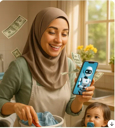 Ibu Rumah Tangga Santai dengan Laptop sementara AI bekerja