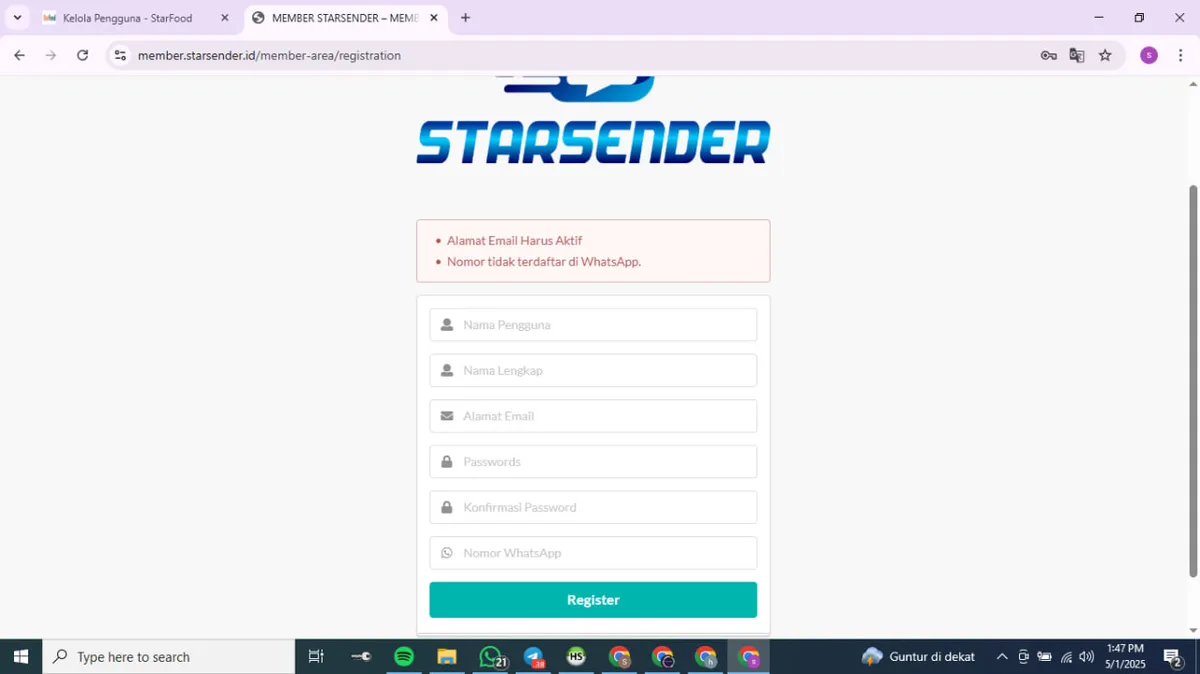 Screenshot Halaman Register Diproteksi