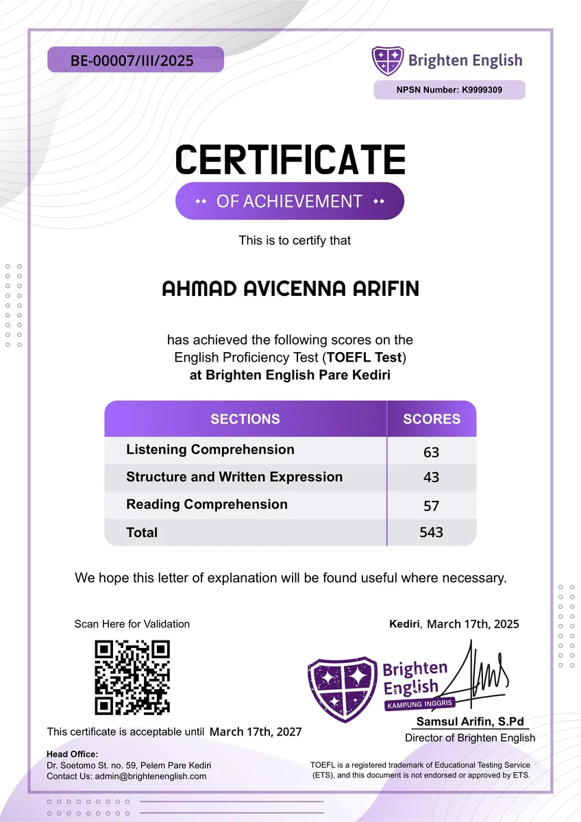 Contoh Sertifikat TOEFL Brighten English
