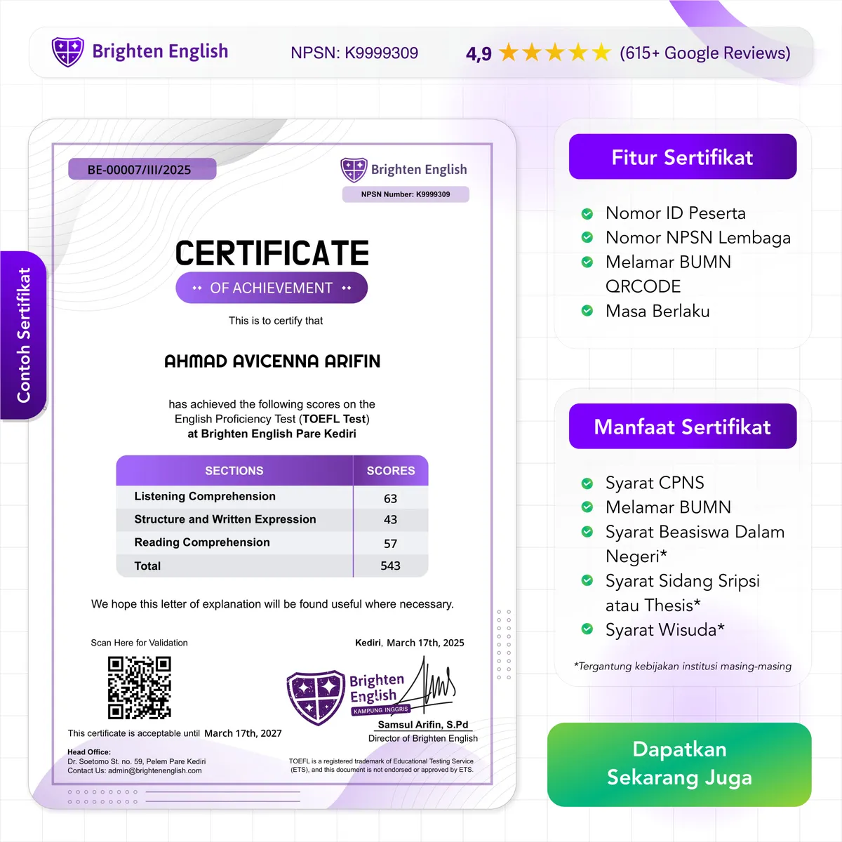 Mock-up Sertifikat TOEFL ITP Prediction